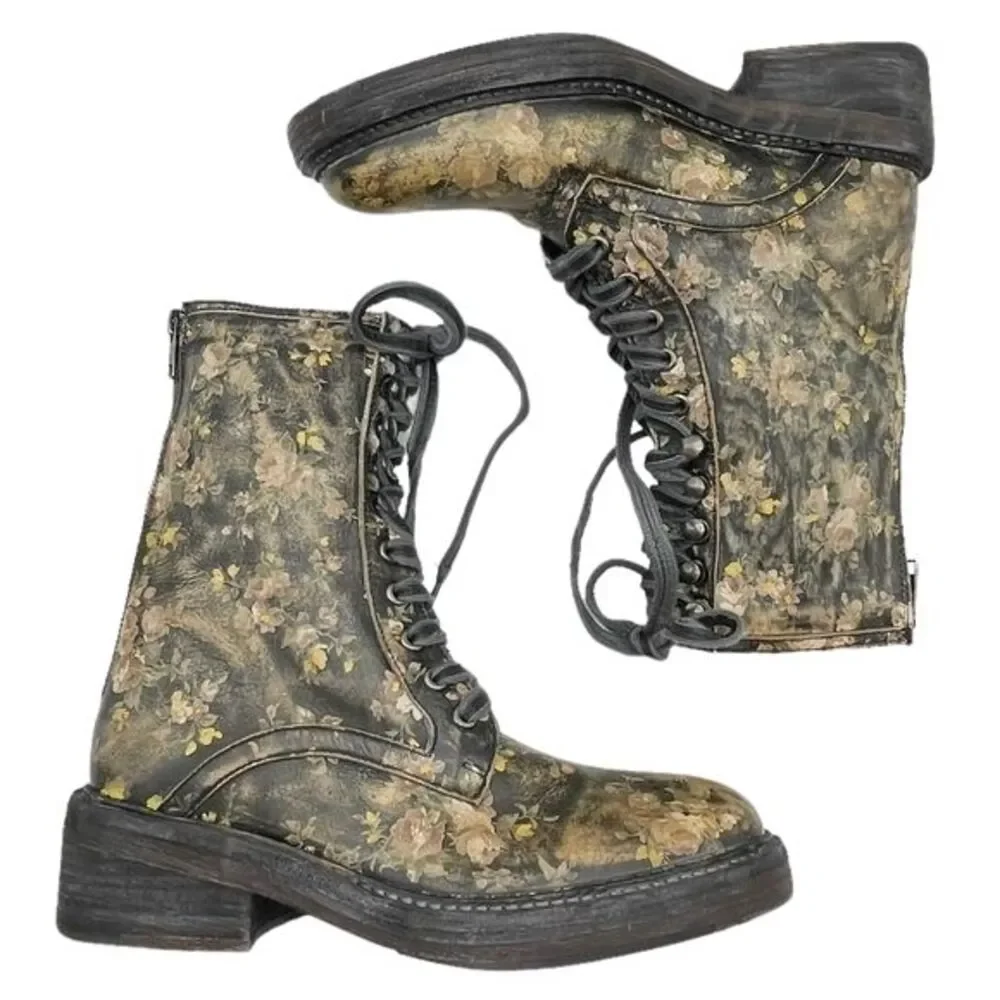 Free People Santa Fe Black Floral Leather Lace-Up Combat Boot Sz US 8 EU 38 NWT